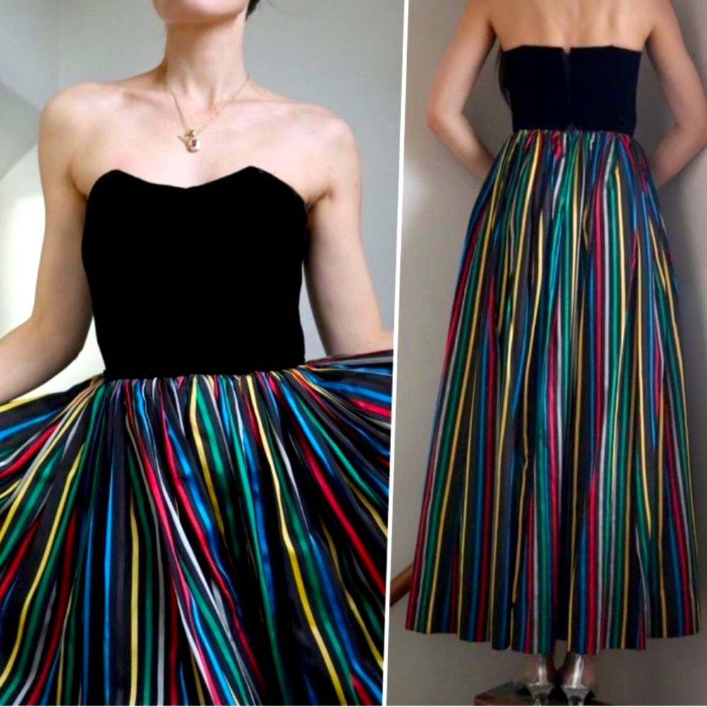 Vintage Maxi Floor-Length Poofy Striped Formal Dress Strapless Colorful Small